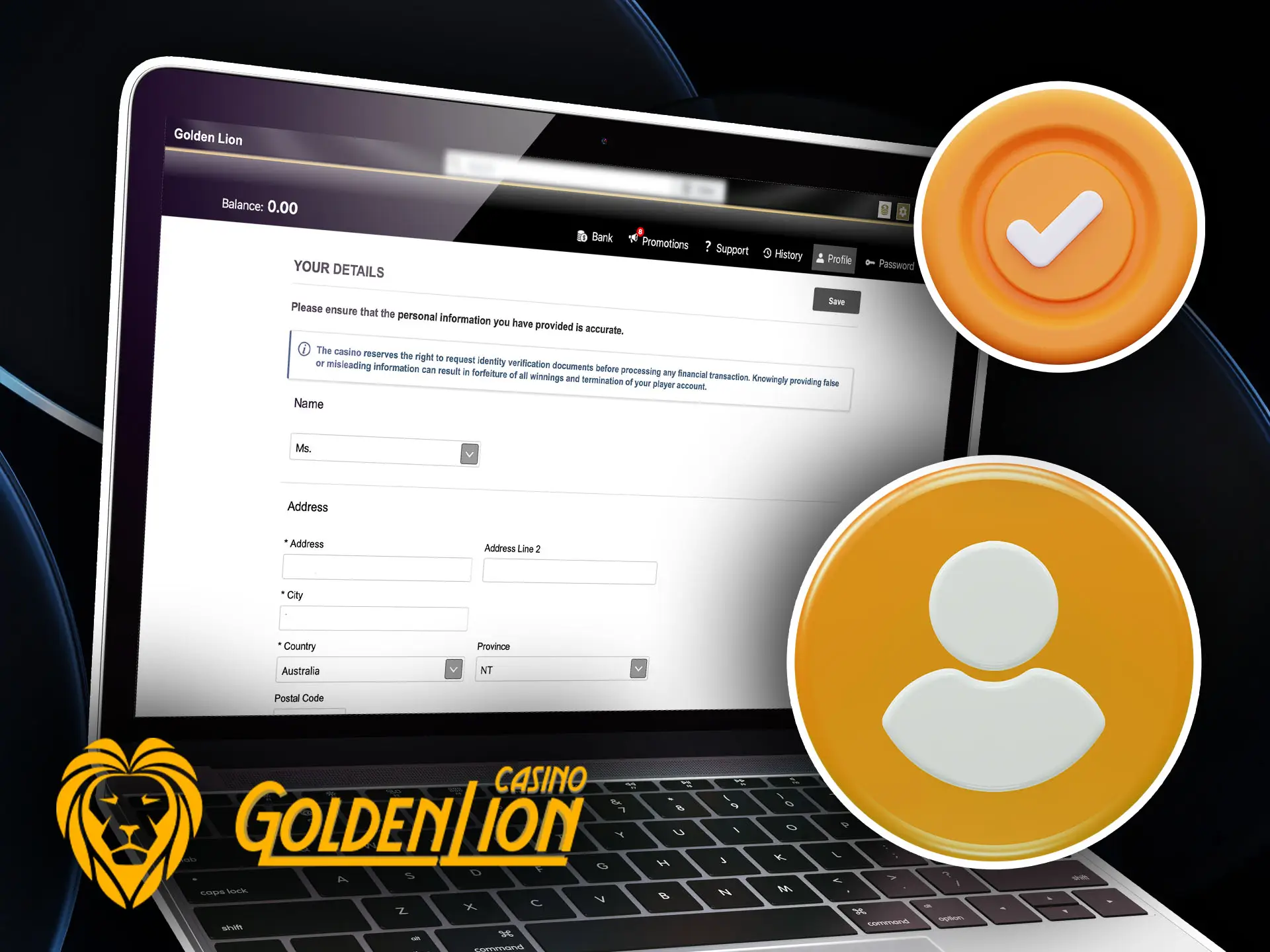 Account verification at Golden Lion Casino for Australia.